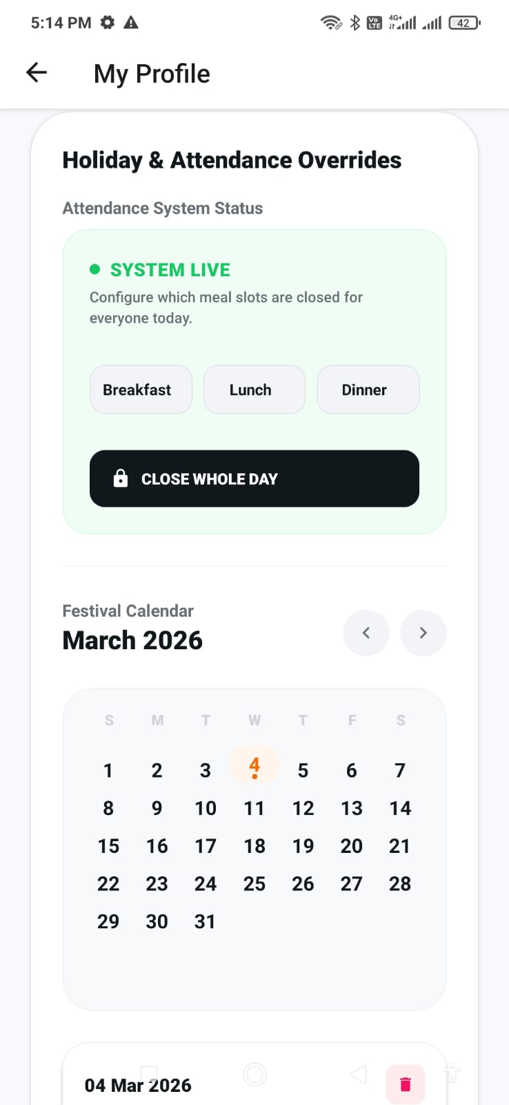 Meal Ledger Holiday Screen 1